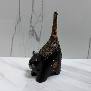 Handcrafted Handprinted Wooden Folk Art Black Cat Long Tail Decor Ring Holder 6”